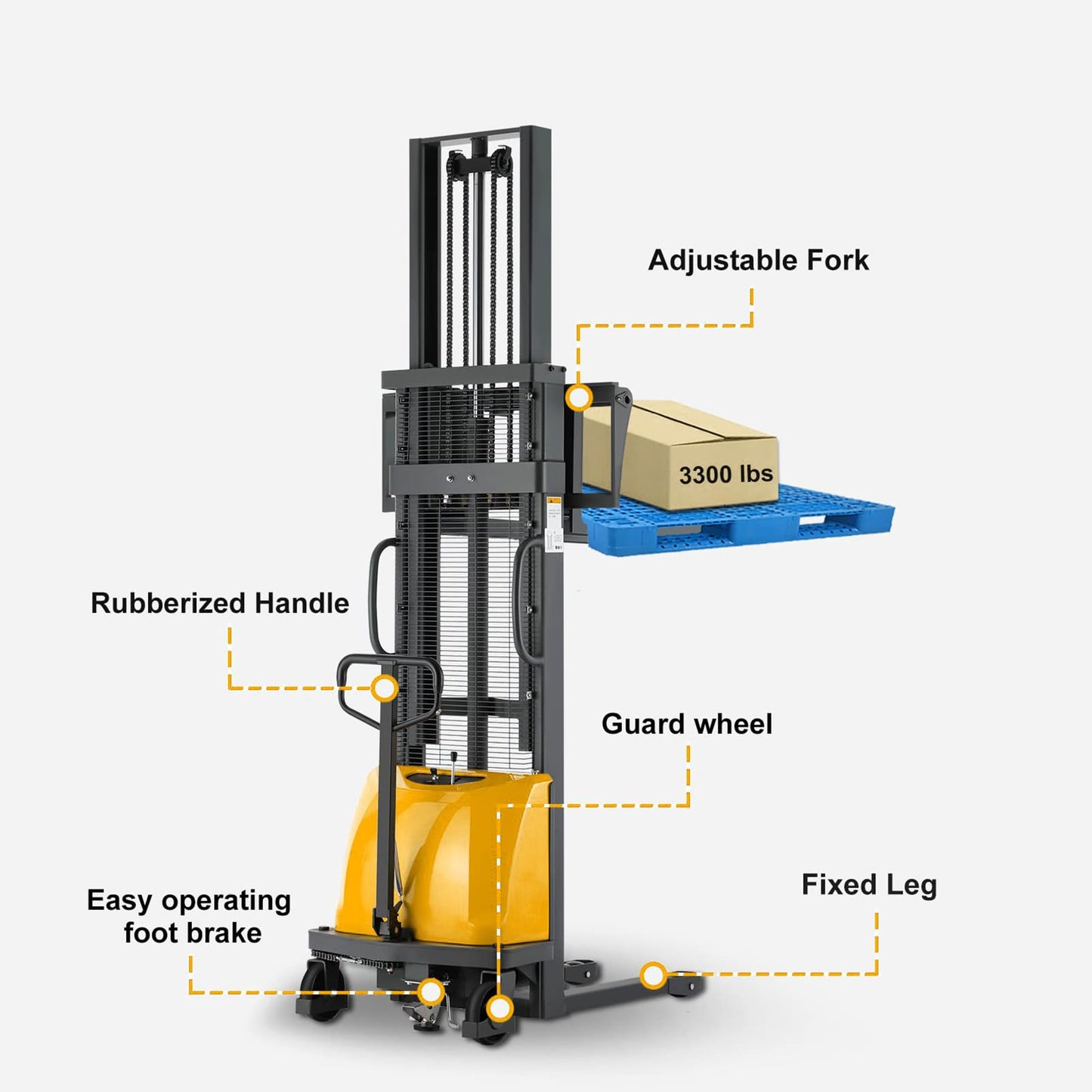 Tory Carrier Semi-Electric Stacker Pallet Lift, 3300 Lbs Capacity 118” Lift Height Material Forklift, with Fixed Legs and Forks Only for Open Bottom Pallet
