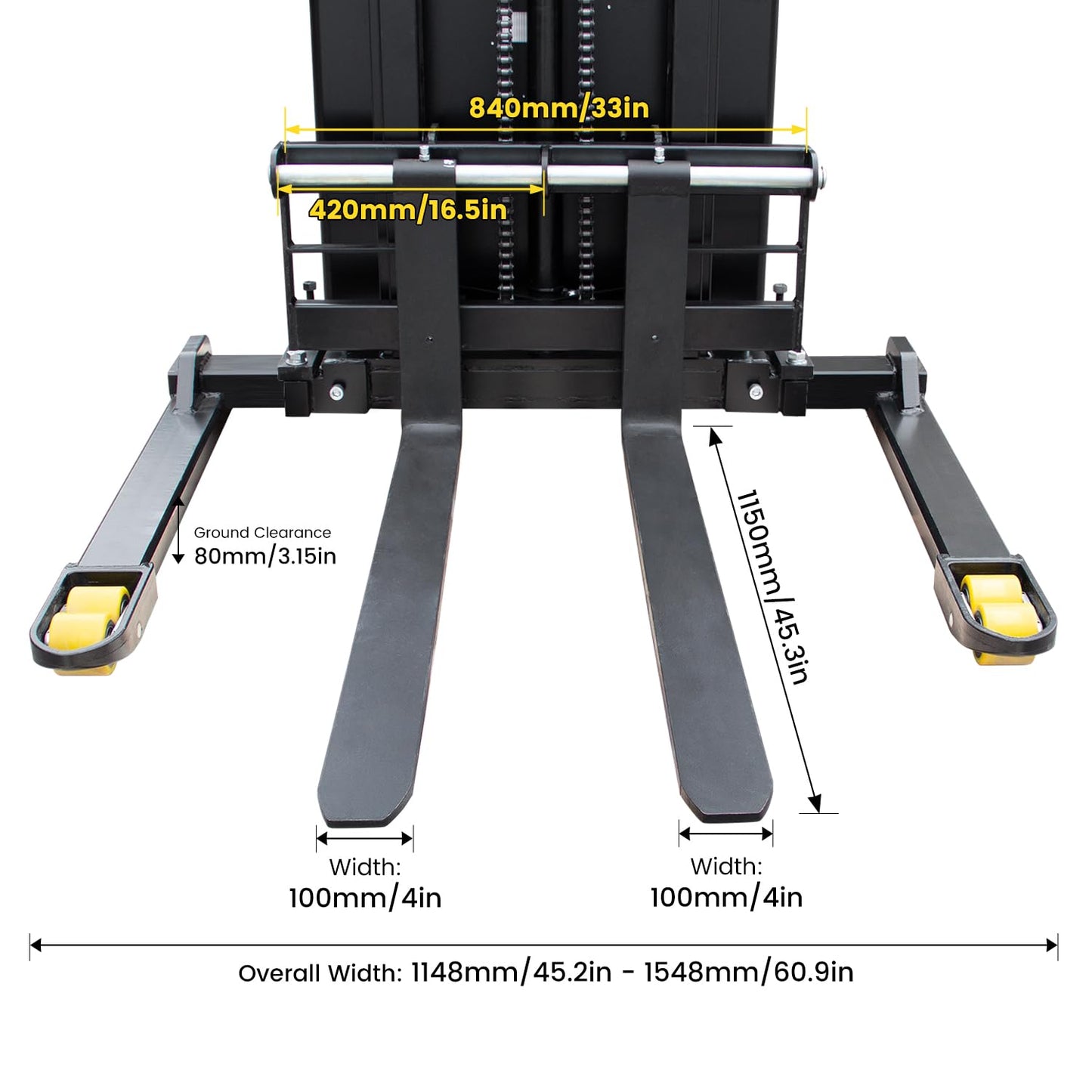 HPDMC Full Electric Pallet Stacker 118" Lifting Height Wakie Stacker Straddle Legs Material Lift with Adjustable Forks