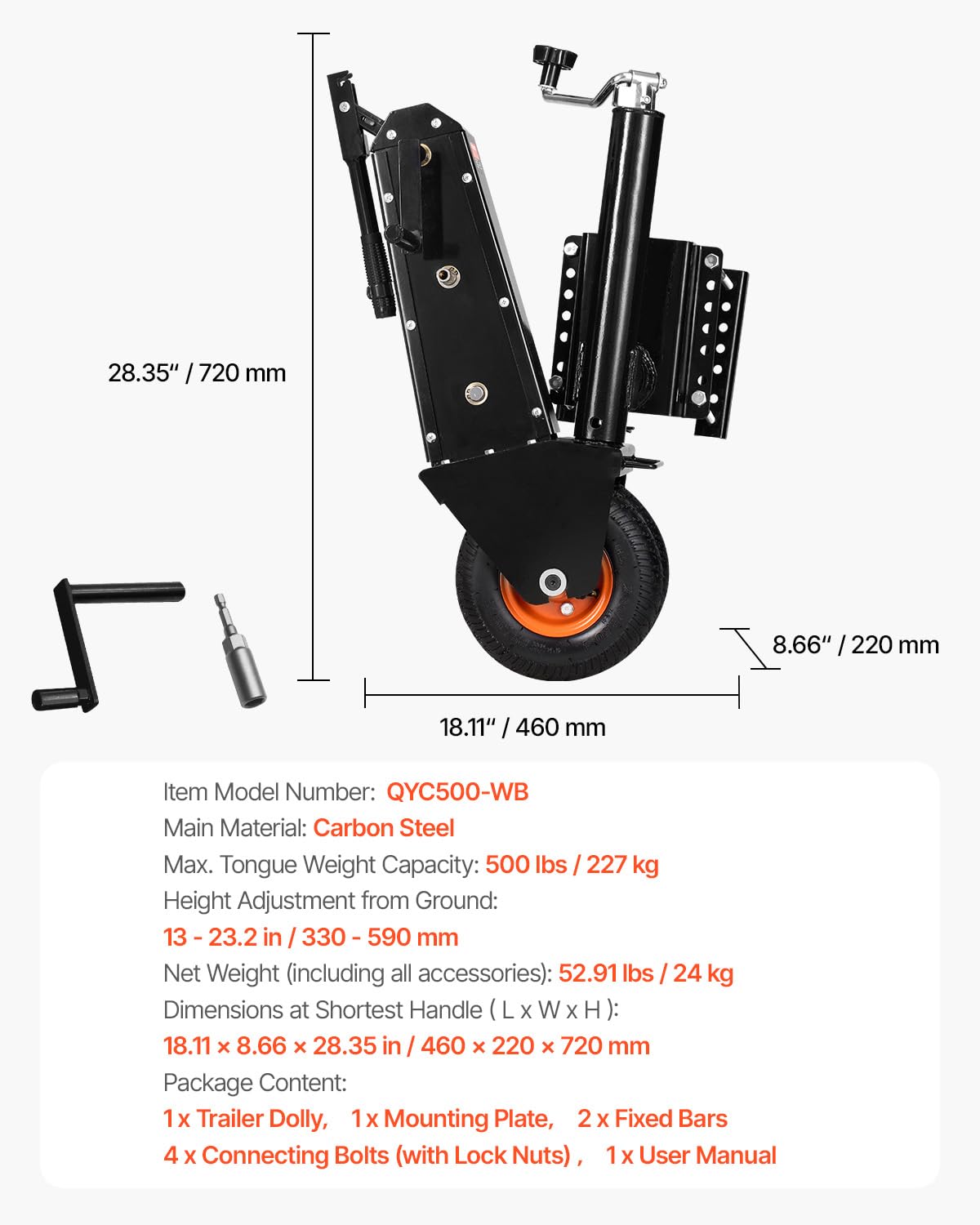 VEVOR Trailer Dolly, 500lbs Tongue Weight Capacity, 13 inch-23.2 inch Height Adjustable Trailer Mover Dolly, 9-inch Pneumatic Rubber Tire, Manual or Electric Wrench Drive, for Moving RV Trailer