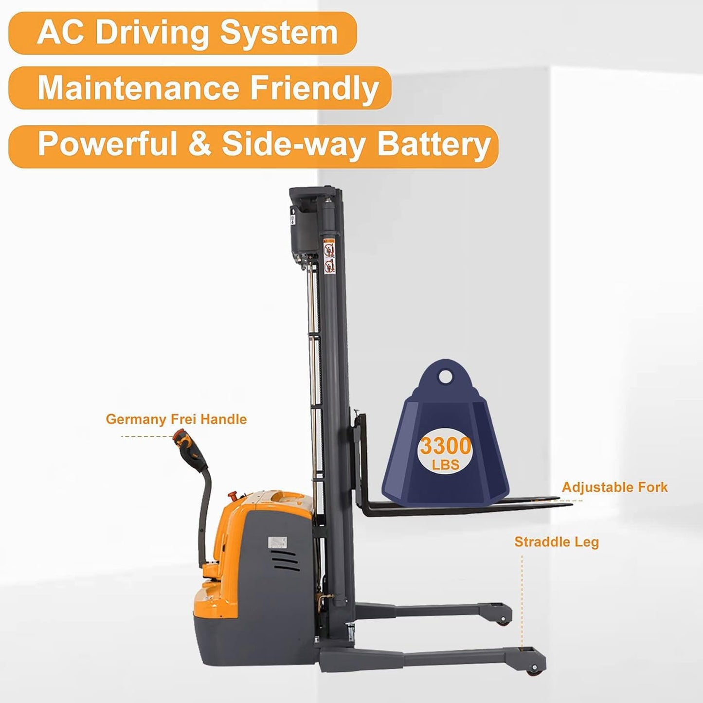 Tory Carrier Full Electric Walkie Pallet Stacker with Straddle Legs Material Lift 220" Height 3300lbs Capacity