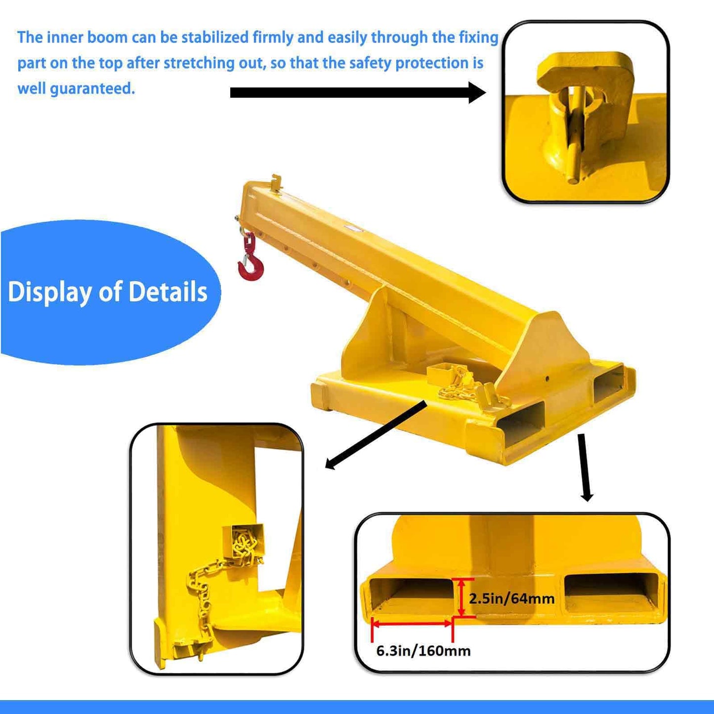 BEILOCKERY Adjustable Forklift Jib Boom Crane with Telescopic Arm, 8800 lbs Heavy Duty Mobile Crane, Includes Truss Hoist and Hook for Industrial Lifting and Towing, Max Reach 94.5 Inches