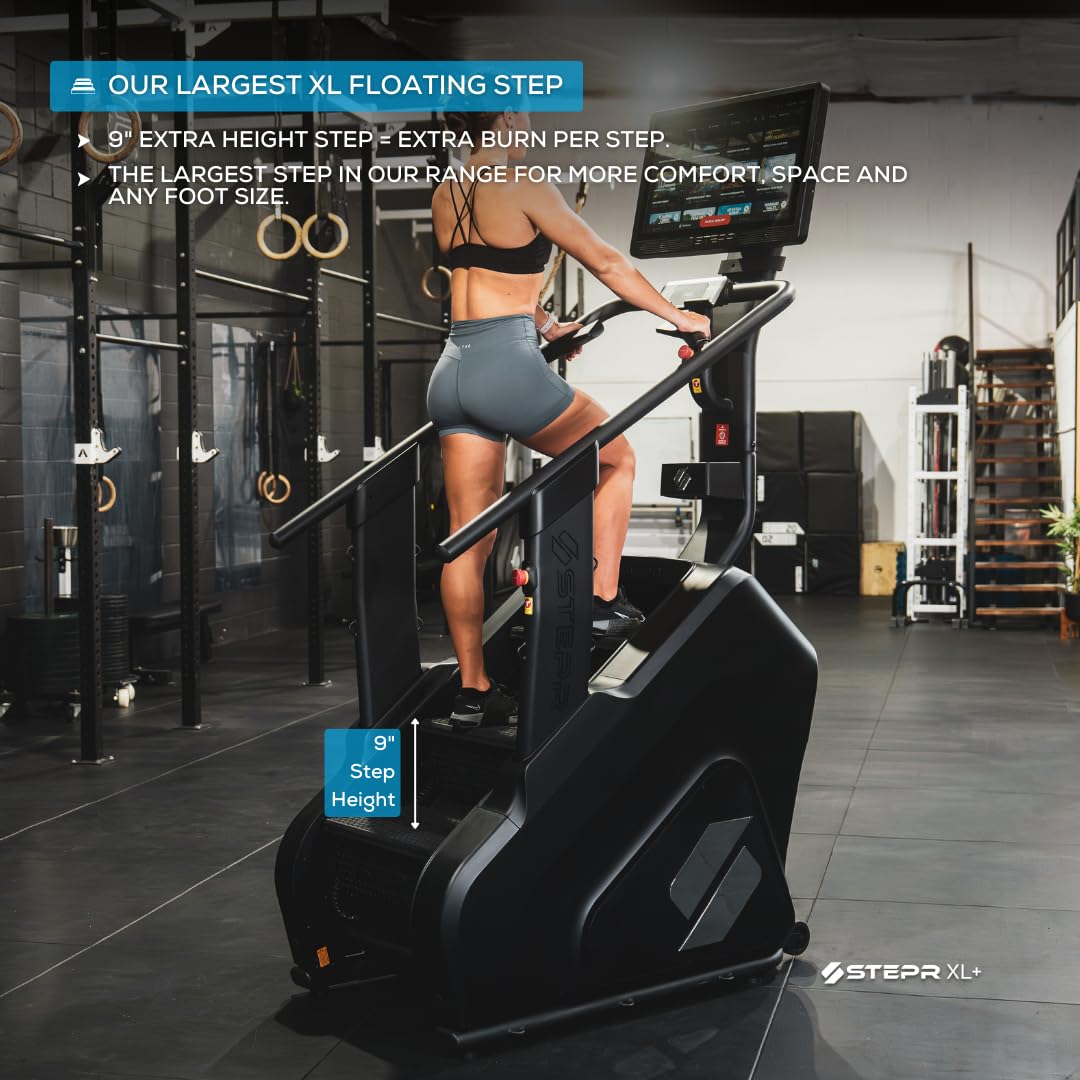 STEPR XL+, Commercial Stair Climber with 27" Touchscreen, 9" Step Height, Strength & Resistance Anchor Points, 190 Steps/Min, 450 lb Capacity