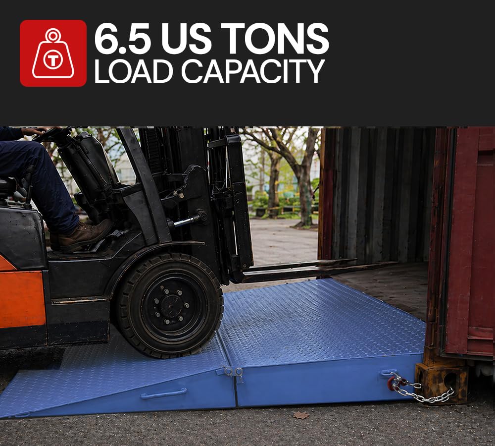 Mytee Products 71" x 88" Heavy Duty Foldable Shipping Container Ramp with Safety Chain & D Shackle - 14,000 Lbs WLL for Forklift & Hand Truck - Blue