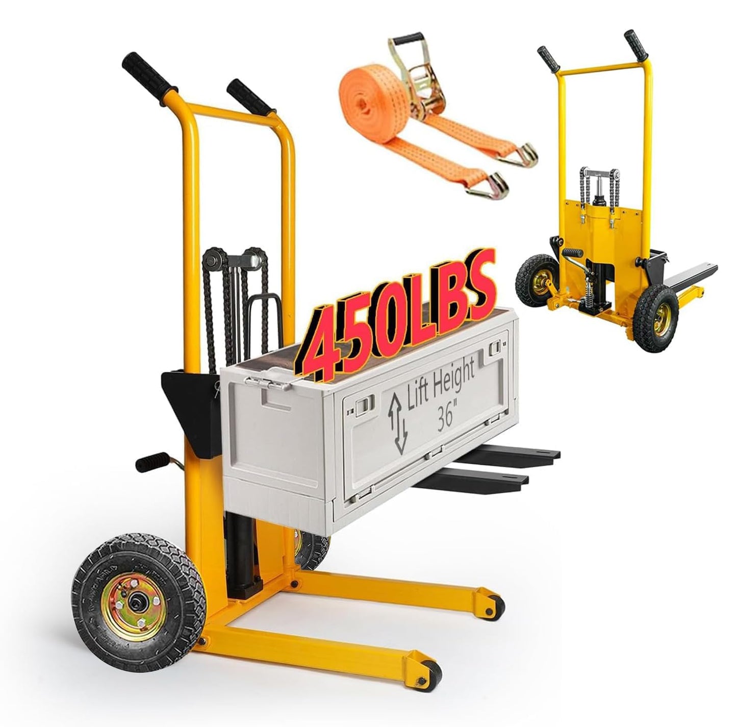 Legines Foldable Hydraulic Material Lift Manual Lift Stacker Forklift Pallet Stakcer 450 lbs Capacity 36" Lift Height with Adjustable Forks and Fixed Legs (Pneumatic Tire Wheel)