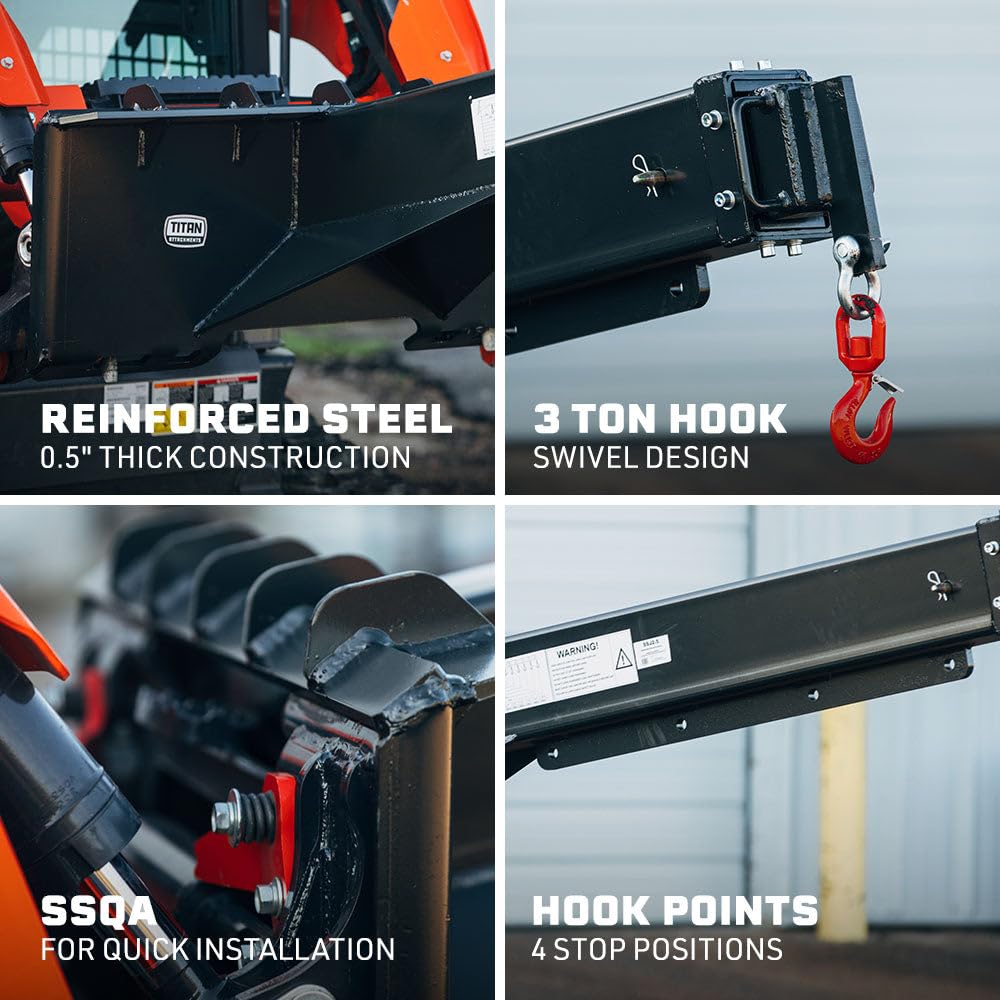 Titan Attachments Skid Steer Adjustable Jib Crane with 3 Ton Hook, 120" Manual Telescoping Boom, Adjustable Hook Points, SSQA Skid Steer Connection, 5,000 LB Max Lift Capacity