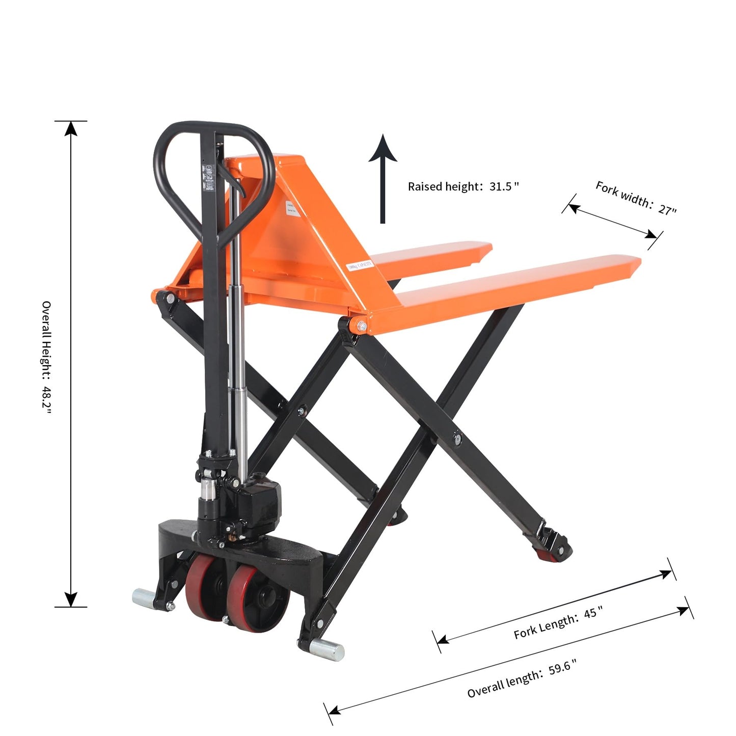 Tory Carrier Manual Scissor Pallet Jack Hand Truck Lift 2200lbs Capacity, 45" L x 27" W Forks, 3.3'' Lowered, 31.5'' Raised Height for Open Bottom Pallet