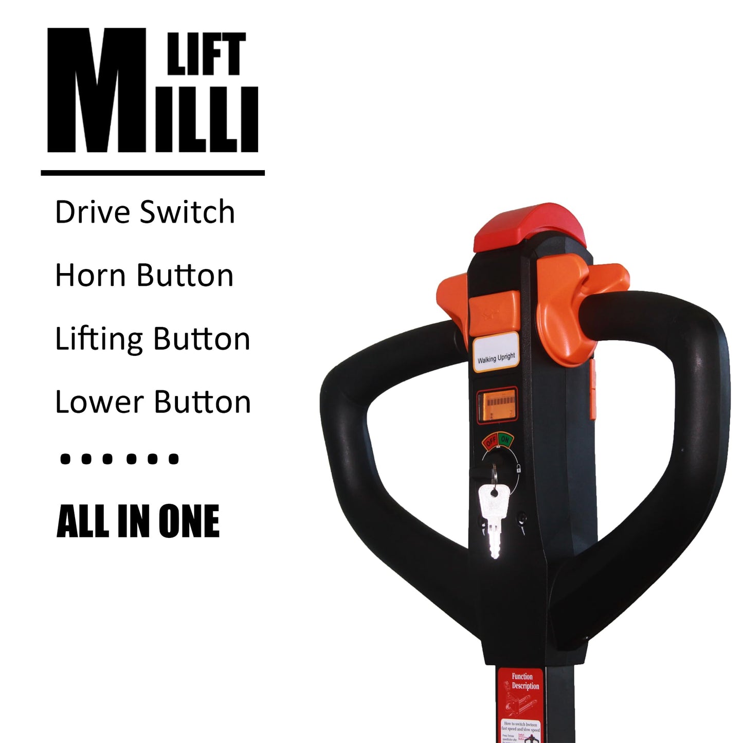 Millilift Electric Pallet Jack, 3300LB Capacity,Heavy-Duty Forks 45"x21", Powerful Drive Motor, 24V 40AH LiFePO4 Battery with Built-in Charger, 2–4H Runtime, for Warehouse,Logistics Company