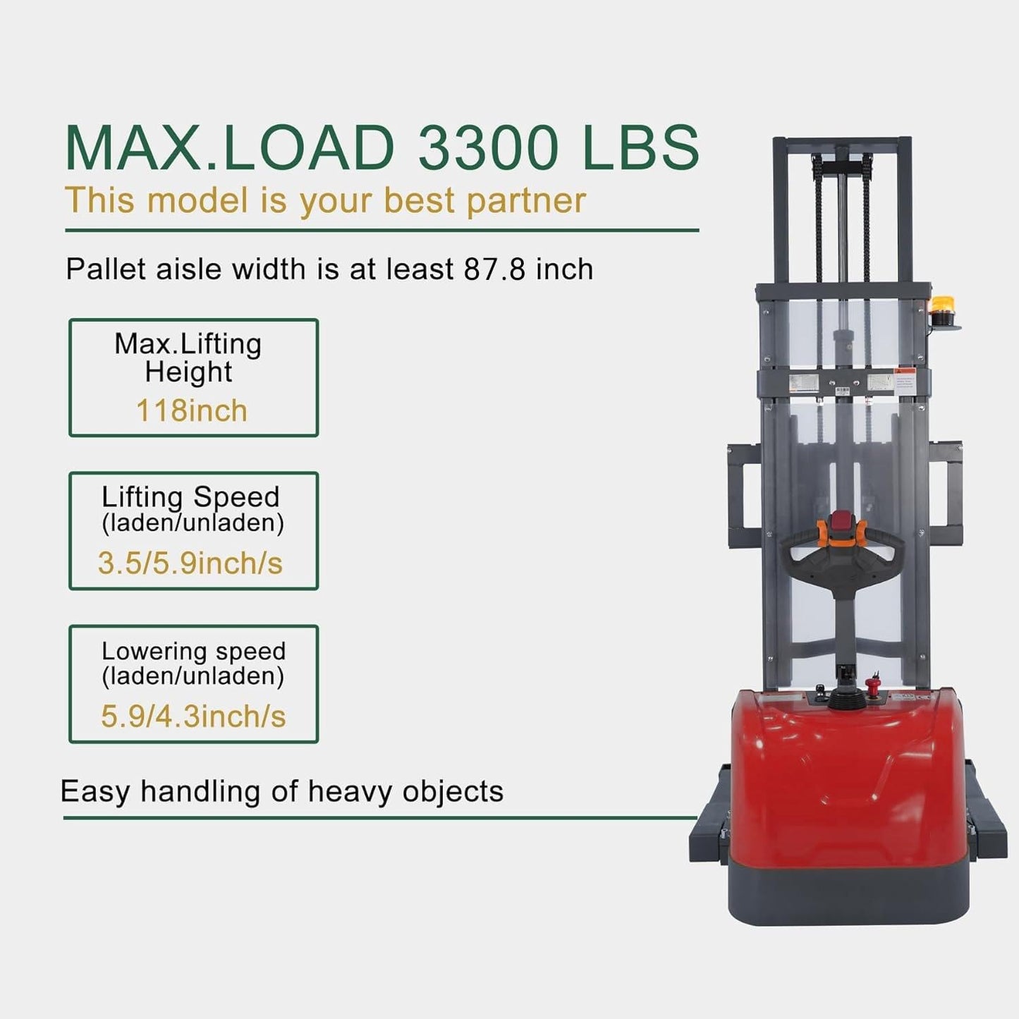 Tory Carrier Full Electric Pallet Stacker, Pallet Forklift, 3300 lbs Capacity, 118" Height Material Lifts, Straddle Legs & Forks Lift, Upgraded Maintenance-Free Gel Battery for Narrow Spaces(Red)