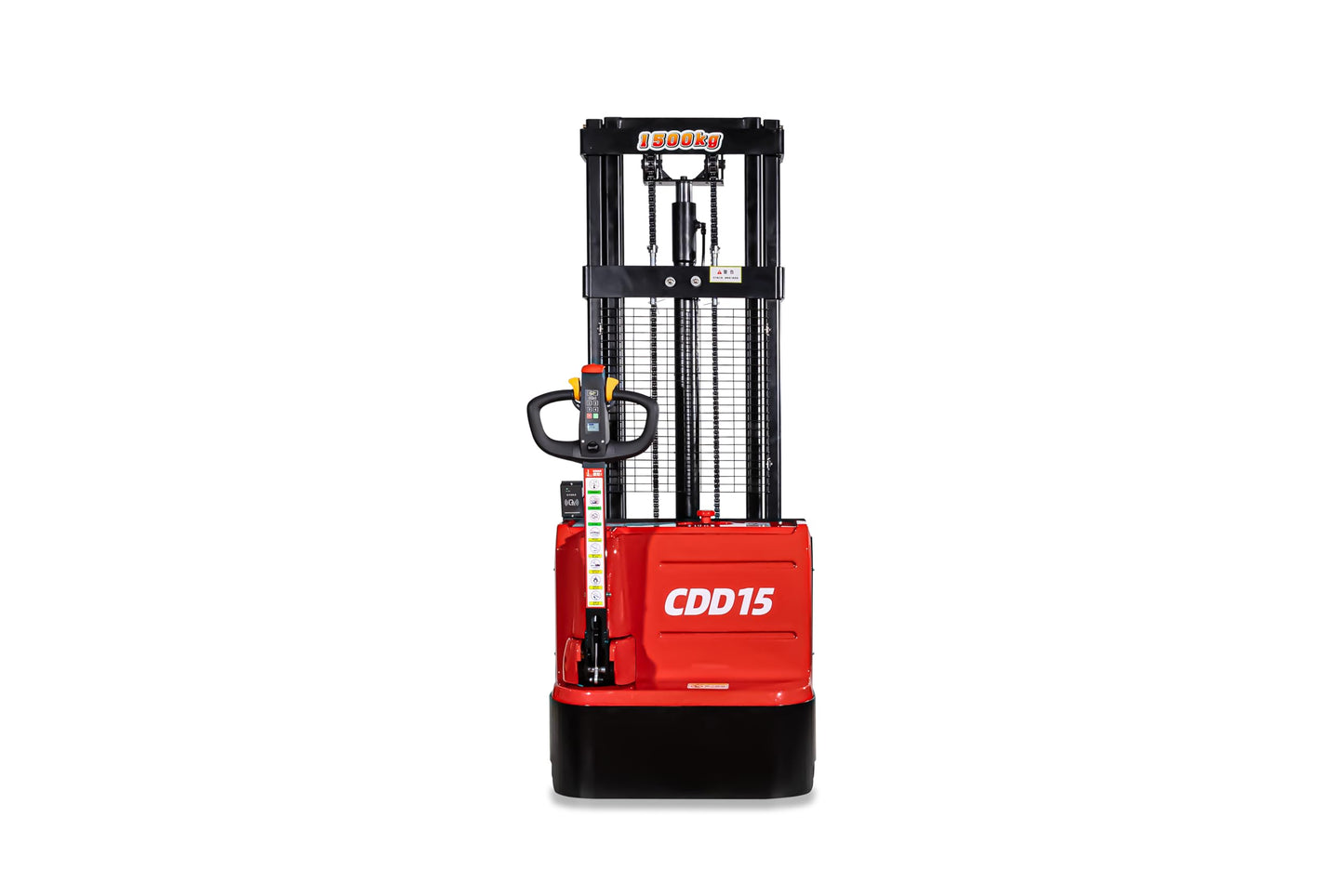 H HEAMI Full Electric Pallet Stacker, 3300 lbs Capacity, 118" Lifting Height, Material Lift with Adjustable Forks, Straddle Legs & Forks Pallet Lift