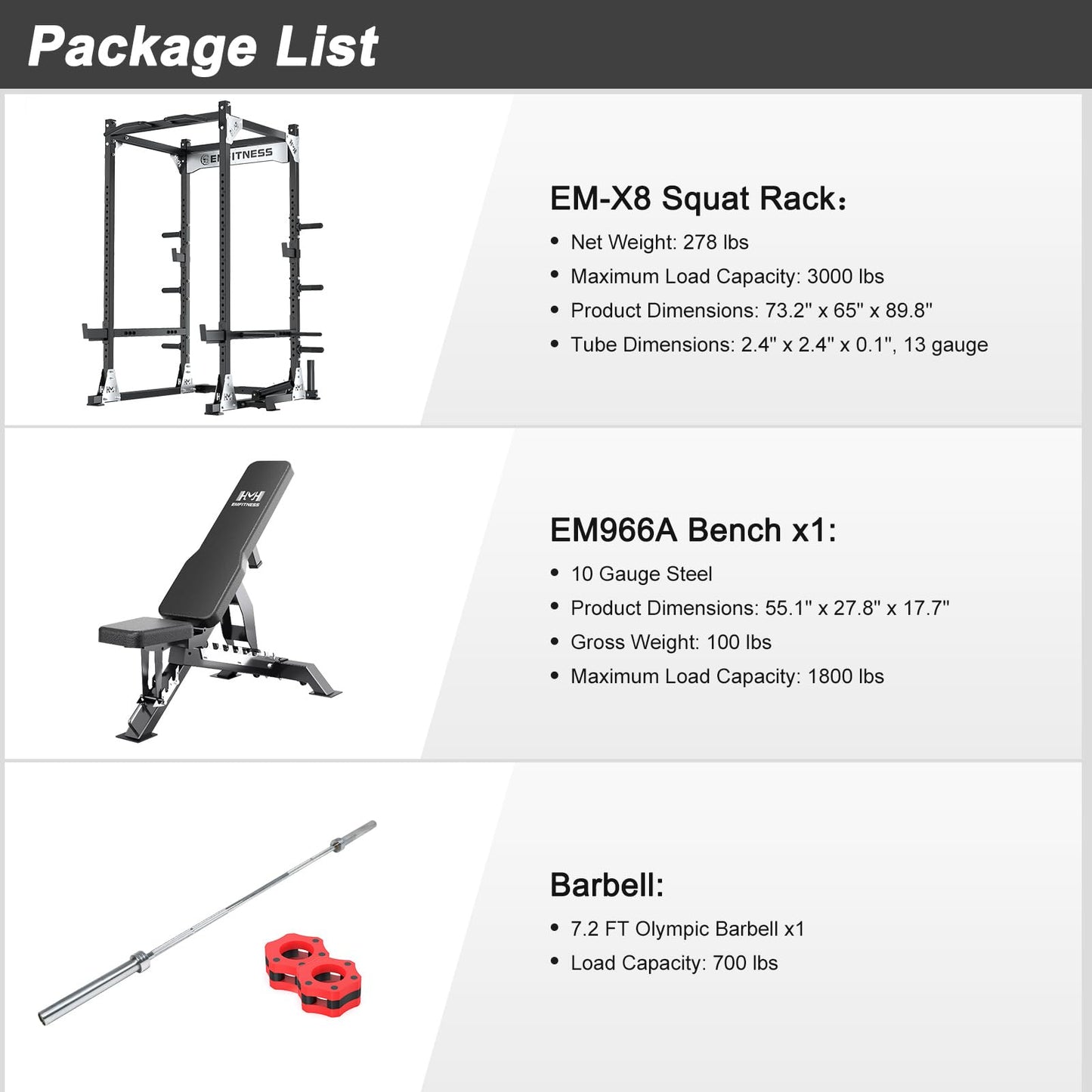 JZOPIDL X8 Power Cage with Adjustable Bench/Olympic Barbell/Cable Crossover/Smith Machine System, 3000LB Squat Rack for Home & Garage Gym, with Weight Storage Rack and Training Attachments