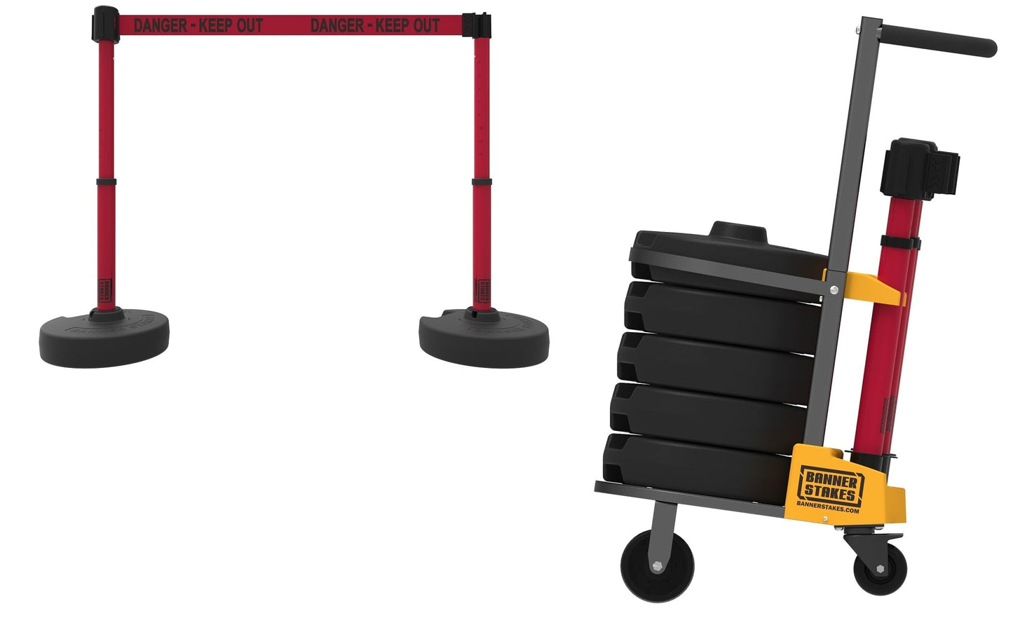 Banner Stakes Crowd Control Plus Cart Package & Accessory Tray, 75' Total Retractable Belt Barrier System - 5 Telescoping Stanchions w/ 15' Red "Danger - Keep Out" Banners (PL4011T)