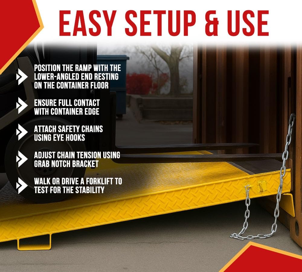 Mytee Products 84" x 96" Heavy Duty Shipping Container Ramp w/Fold-Down Loop Flips, Safety Chain & Pin - Forklift Compatible - 15,000 lbs - Spray Paint Coated Steel - Yellow