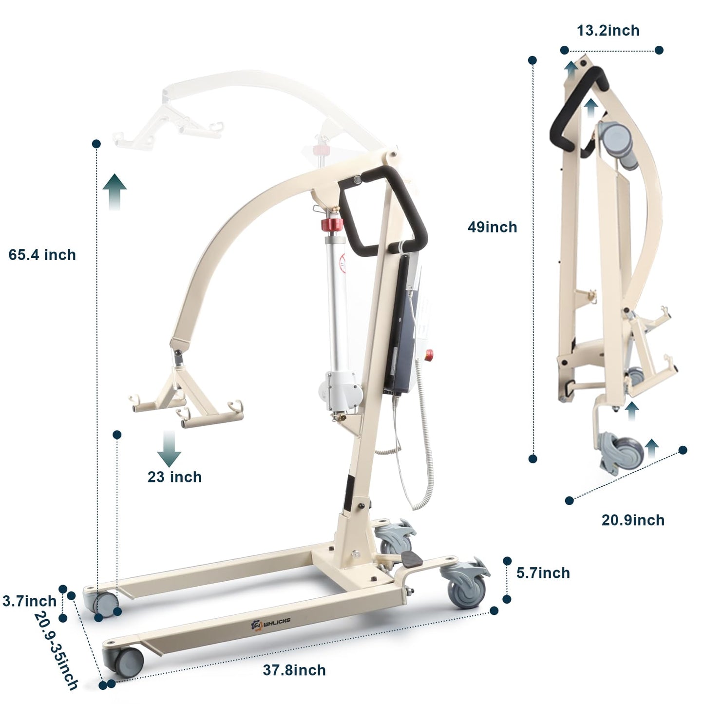 WHLICKS Electric Patient Lift with Divided Leg Sling – 400LBS Heavy Duty Transfer Chair for Elderly, Full-Range Open Base Slides Under Bed/Chair, Fast Folding Homecare Lift with Braked Casters