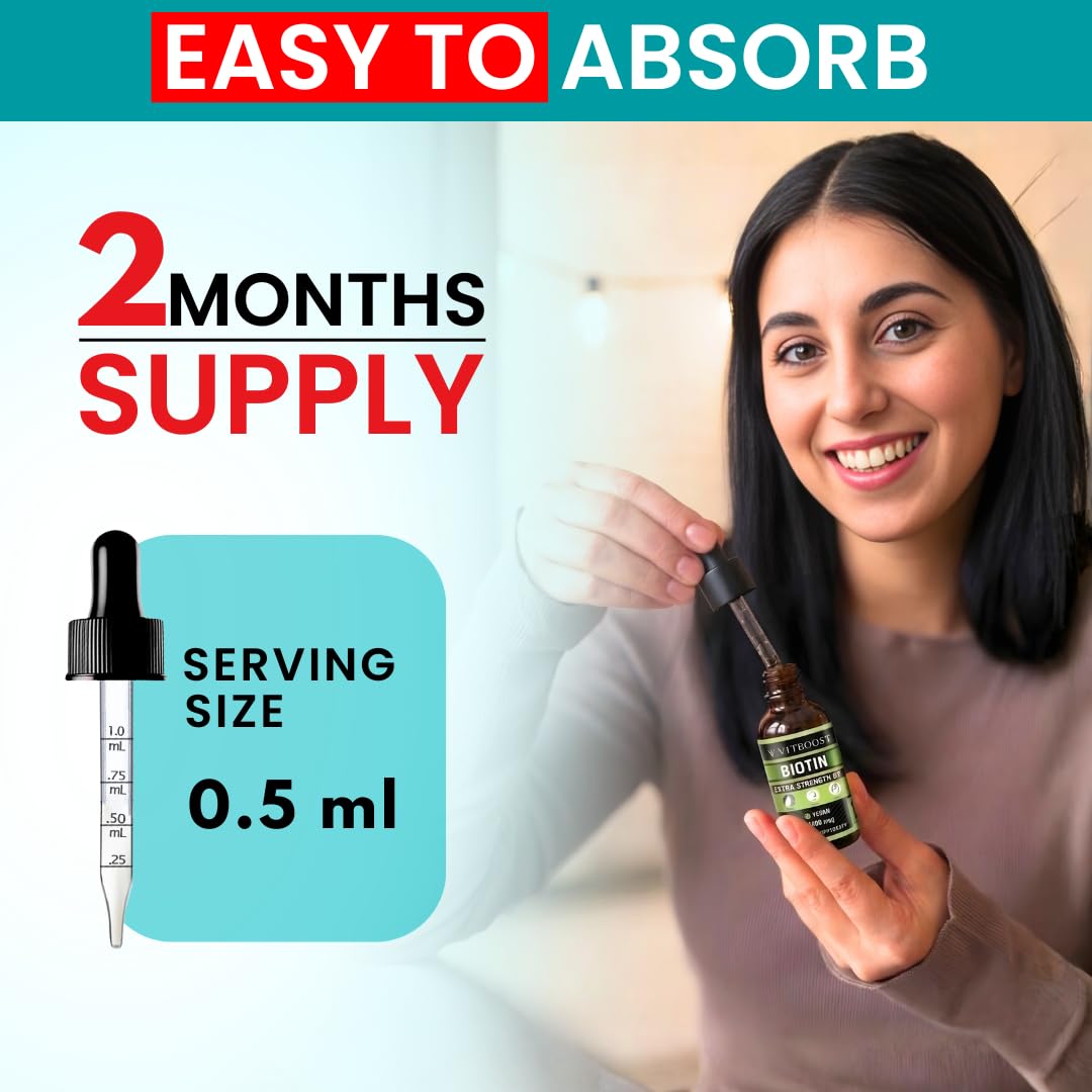 Liquid Biotin 10,000mcg with Organic Berry Flavor - Liquid Drops Biotin for Hair Growth for Women and Men, Supports Strong Nails and Healthy Skin - Extra Strength Vegan Formula | 60 Servings