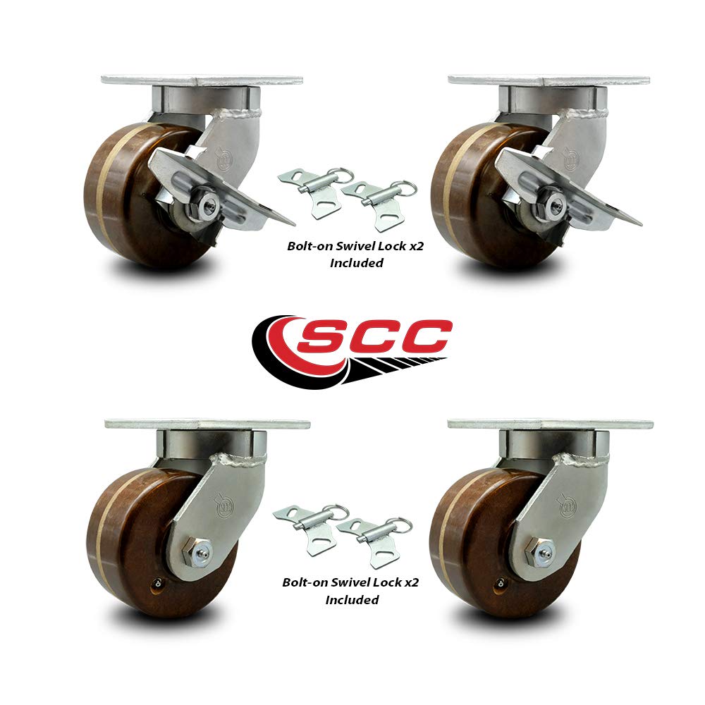 Extra Heavy Duty 6” x 3” High Temp Swivel Caster Set for Cranes, Gantries, Hoists, and Winches - 2 with Brake and Swivel Lock/2 with Swivel Lock - 2,000 lbs Per Caster -Set of 4-Service Caster Brand