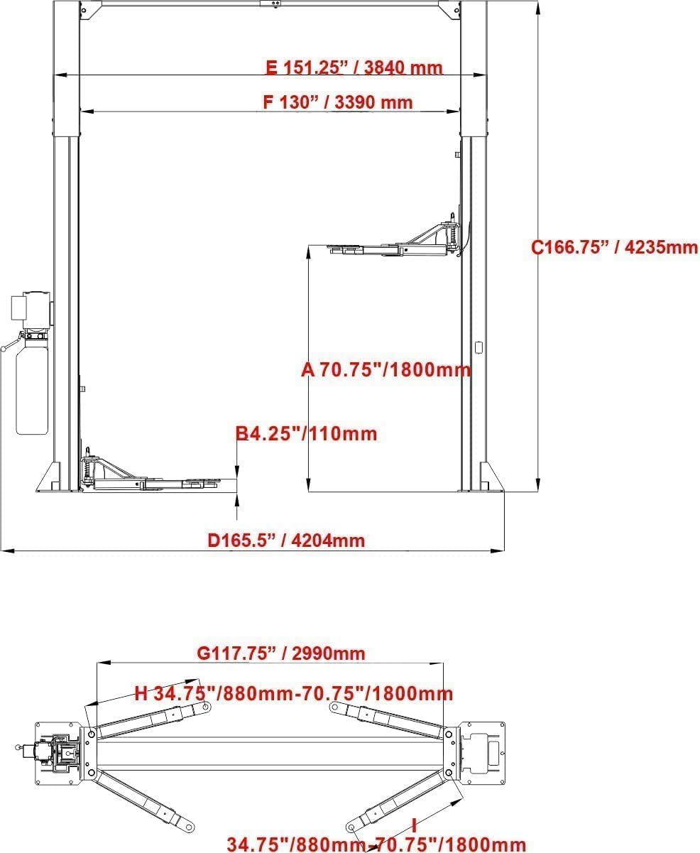 AK-M120 2 Post Lift Auto/Car Turck Hoist with 12000Lbs Lifting Capacity Shop Garage Equipment (Extra Height 167 Inch/4.235 M) (RED)