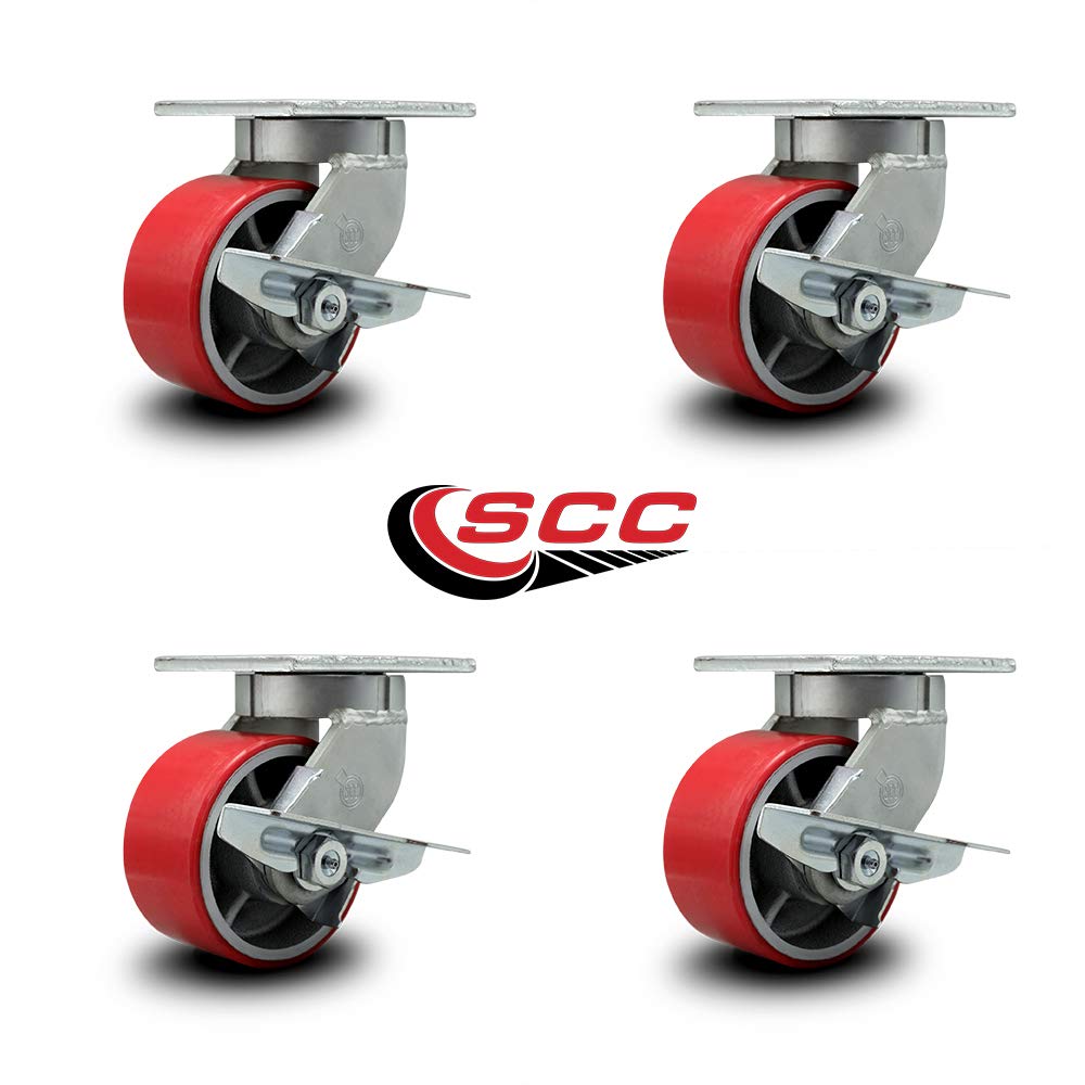 Extra Heavy Duty 6” x 3” Red Poly on Cast Iron Swivel Caster Set for Cranes, Gantries, Hoists, and Winches-4 Swivel Casters with Side Lock Brakes-2,000 lbs Per Caster-Set of 4- Service Caster Brand