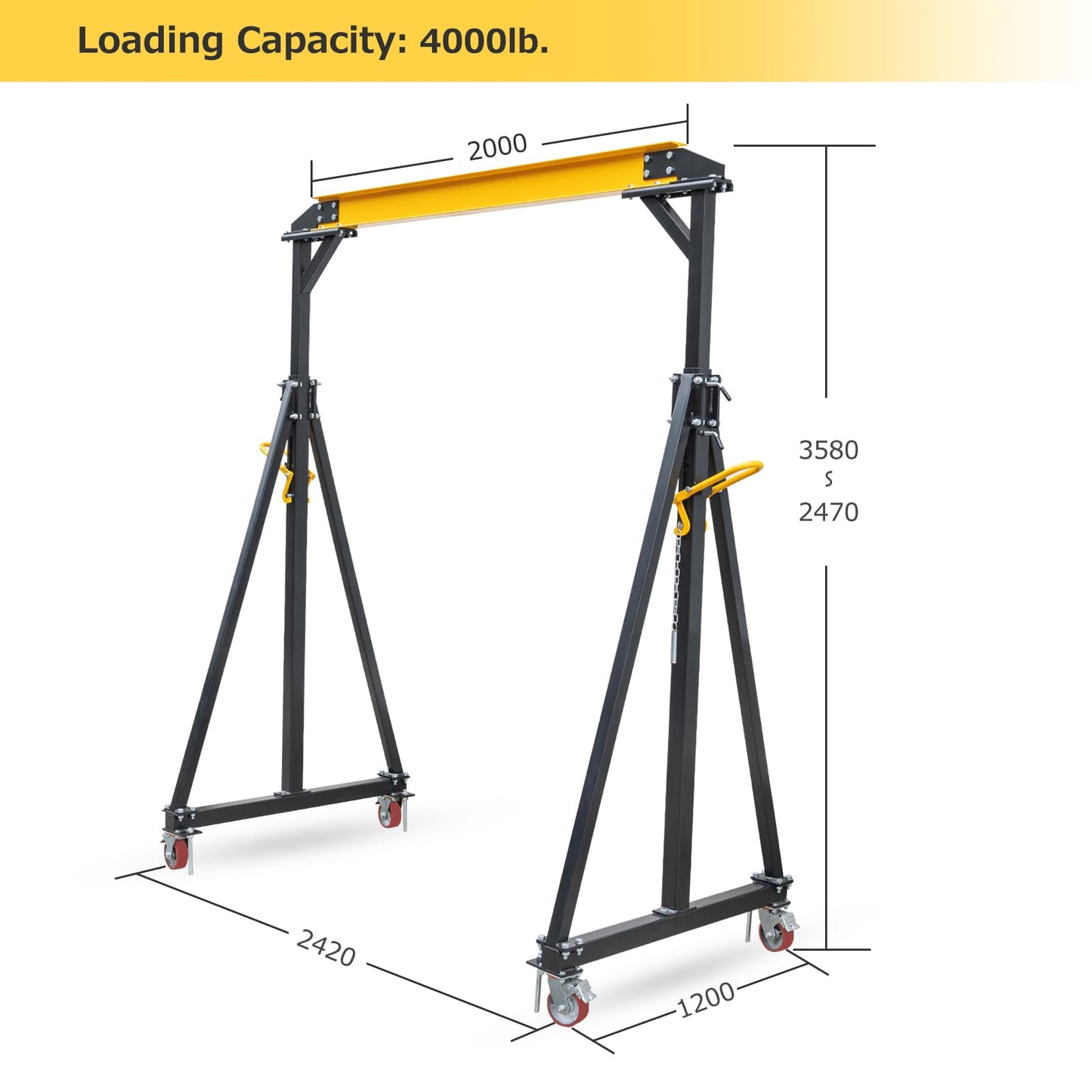 Adjustable Gantry Crane 2 Ton Portable Lift Hoist with Height Range 97 to 141 Inches 4400 Lbs Load Capacity Heavy Duty for Factories Construction Sites Warehouses Auto Repairs