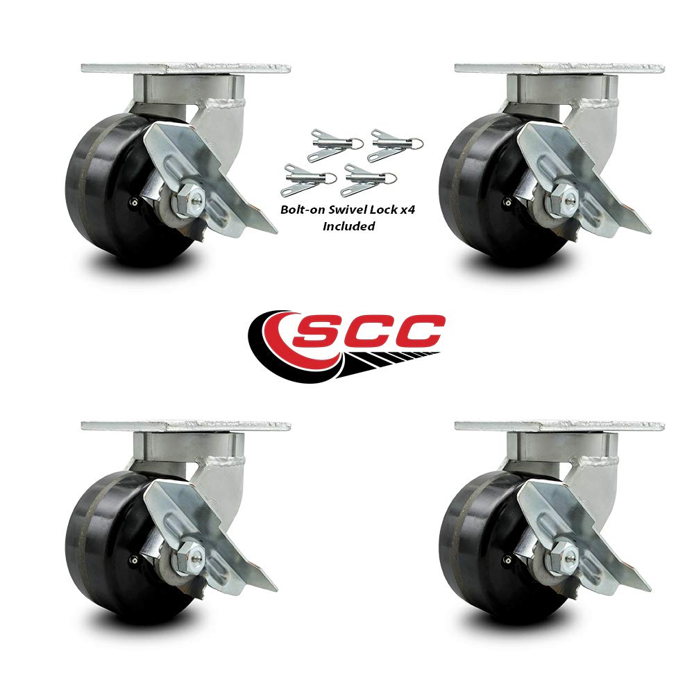 Extra Heavy Duty 6” x 3” Phenolic Swivel Caster Set for Cranes, Gantries, Hoists, and Winches - 4 Swivel Casters with Brakes and Bolt-On Locks-2,000 lbs Per Caster – Set of 4 - Service Caster Brand