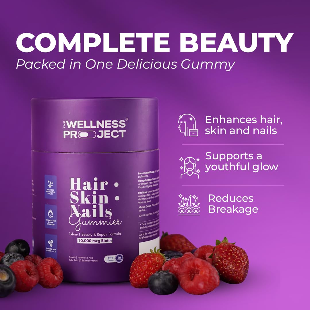 The Wellness Project 14-in-1 Hair, Skin & Nails Gummies with 10,000 mcg Biotin, Keratin, Hyaluronic & Folic Acid, Vitamins A, B5, B6 & B12 & Sea Buckthorn | for Women & Men | Tasty Mixed Berry Flavor
