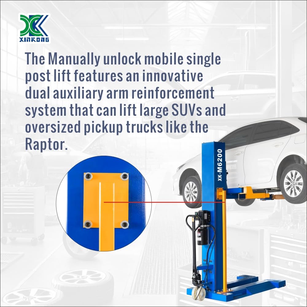 XK-6200-M Mobile Single Post Manually Unlock Lift Maximum Lifting Capacity of 6200 lbs with 12 Months Parts Replacement