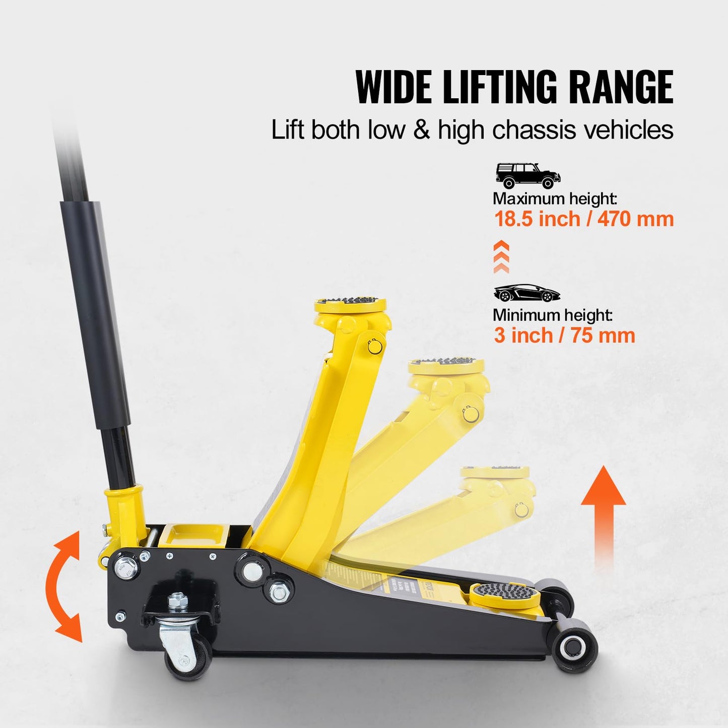 VEVOR Low Profile Floor Jack 2 Ton (4400 lbs), Heavy Duty Iron Hydraulic Racing Floor Jack, Hydraulic Car Jack, Dual Piston Quick Lift Pump, 3"-18.5" Height Lifting Range (Yellow)