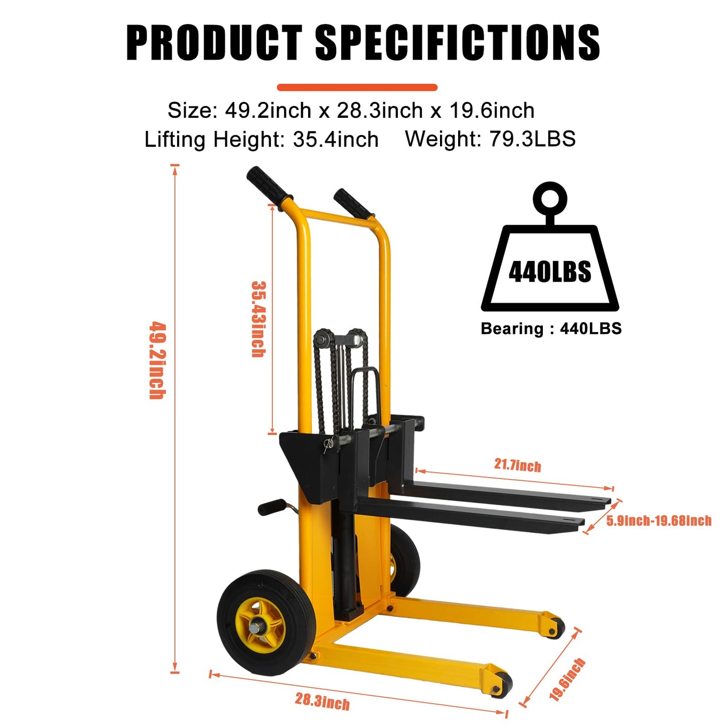 Legines Foldable Hydraulic Material Lift Truck Carrier Manual Lift Stacker Forklift Pallet Stakcer 450 lbs Capacity 36" Lift Height with Adjustable Forks and Fixed Legs,Pallet Truck Dolly.