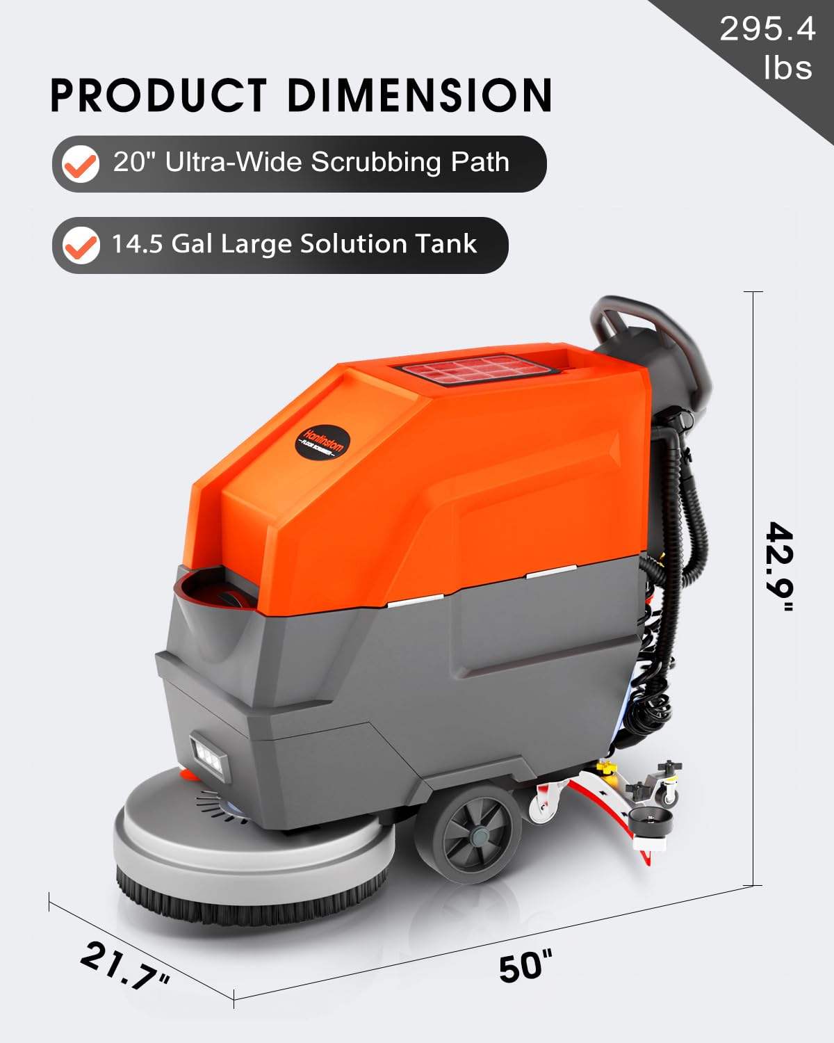 HANTINSTOM Walk Behind Commercial Floor Scrubber with 20" Ultra-Wide Scrubbing Path,High-pressure Watergun，LED Light，14.5 Gal Large Solution Tank,4 Hours Cordless Working Time,23,700 Sqft/h