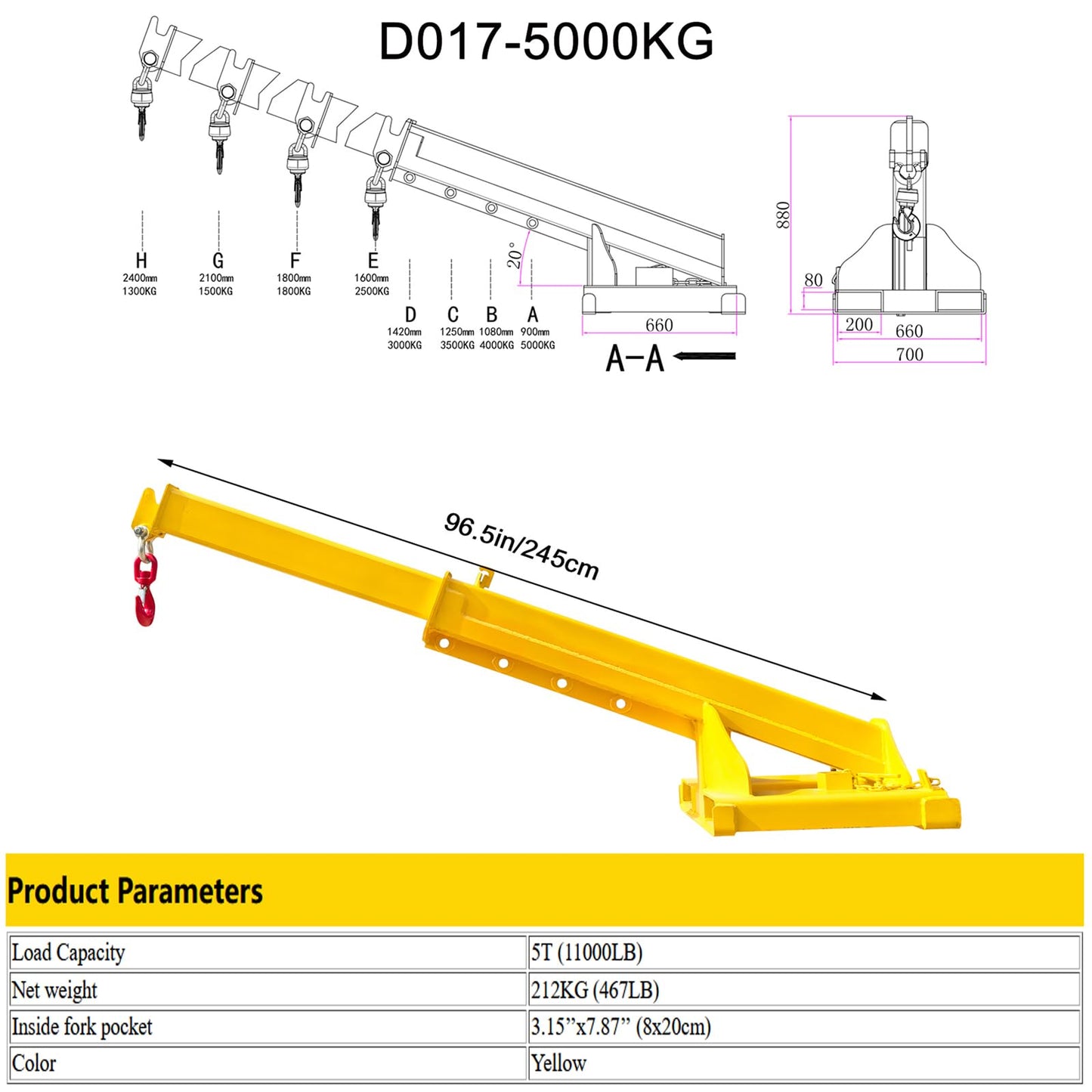 WYDDDARY Adjustable Mobile Crane Lifting Hoist Truss Jib Boom 11023.11LbS Capacity Forklift Telescopic Boom for Forklift Towing Handling(Angle Fixation)