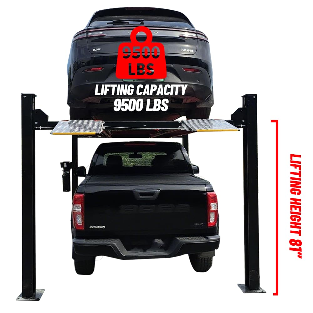 KT-4H950 3.0 HP Heavy Duty with Oil Tray, Jack Tray 84.5'' lifting Height 4 Post Car Lift Auto Parking Lift Aluminous Ramp with Casters