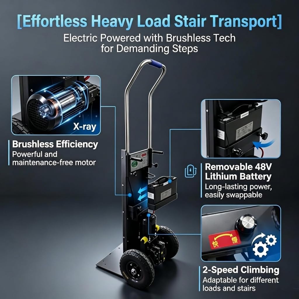 Stair Climbing Dolly Electric Hand Truck with 1600lbs High Load Capacity Motorized Stair Climber for Heavy Equipment Moving Appliance Transport and Logistics Delivery in Hospital Nursing Home