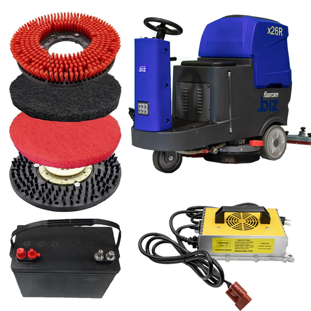 USA-CLEAN X26R Ride-On Auto Floor Scrubber Machine Bundle - 26" Cleaning Path, Battery-Powered, Large Tank Capacity - Includes Pad Drivers and Cleaning Pads