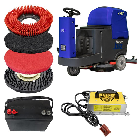USA-CLEAN X26R Ride-On Auto Floor Scrubber Machine Bundle - 26" Cleaning Path, Battery-Powered, Large Tank Capacity - Includes Pad Drivers and Cleaning Pads