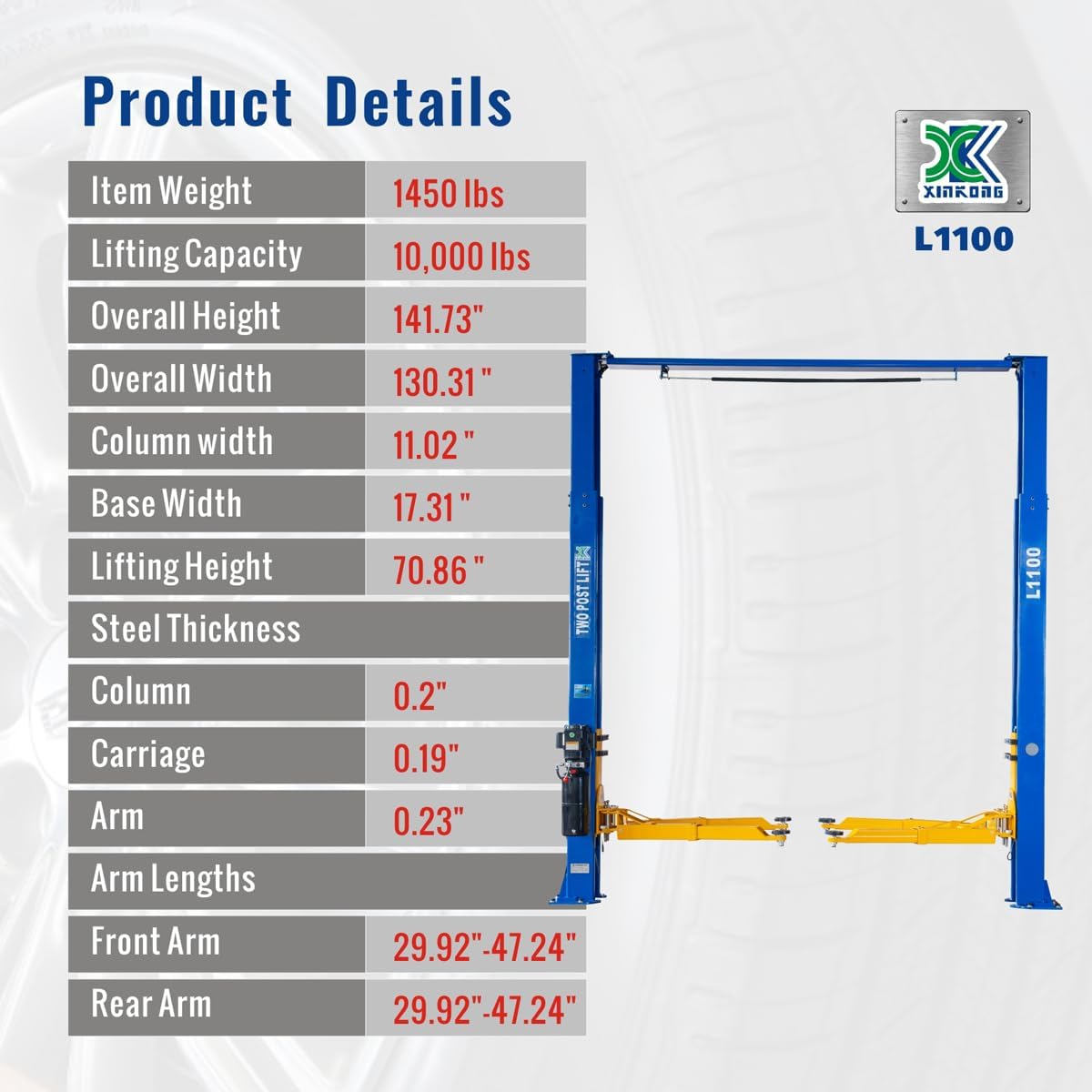 XK-L1100 Truck Hoist 220V Vehicle Lift 10,000 Lbs 2 Post Car Lift 12 Months Parts Replacement