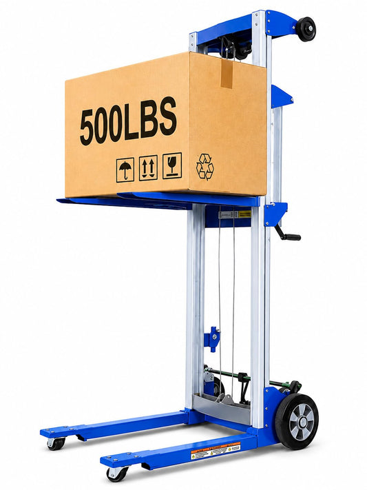 ELOMBR 500 lbs Capacity, Material Lift Winch Stacker, 70" Lift Height, Fixed Straddle Hand Winch Lift Truck, Material Lifts for Warehouse, 34.60"L x 24.80"W