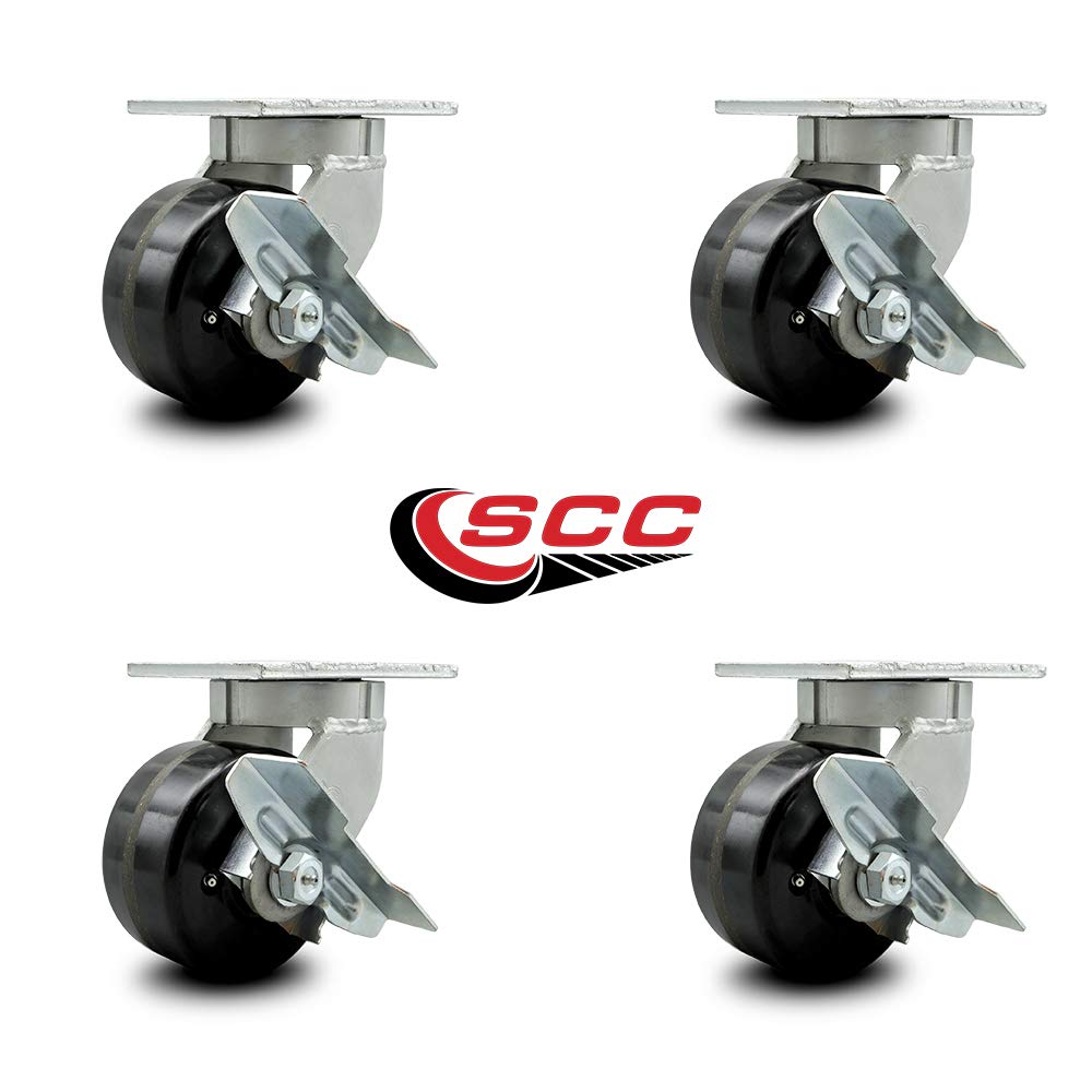 Extra Heavy Duty 6” x 3” Phenolic Swivel Caster Set for Cranes, Gantries, Hoists, and Winches - 4 Swivel Casters with Side Lock Brakes - 2,000 lbs Per Caster – Set of 4 - Service Caster Brand
