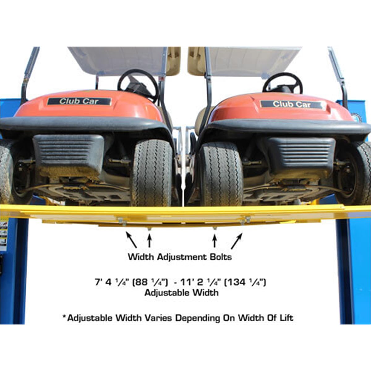 ATLAS Automotive Equipment ATLMA Lawnmower Adapter for 2-Post Lifts, Adjustable with 4 Plates, 5,000 lb. Capacity, 8'11" Width, 32" to 90" Wheelbase, 12" Wheel Well, 1/4" Steel Thickness, 600 lbs.