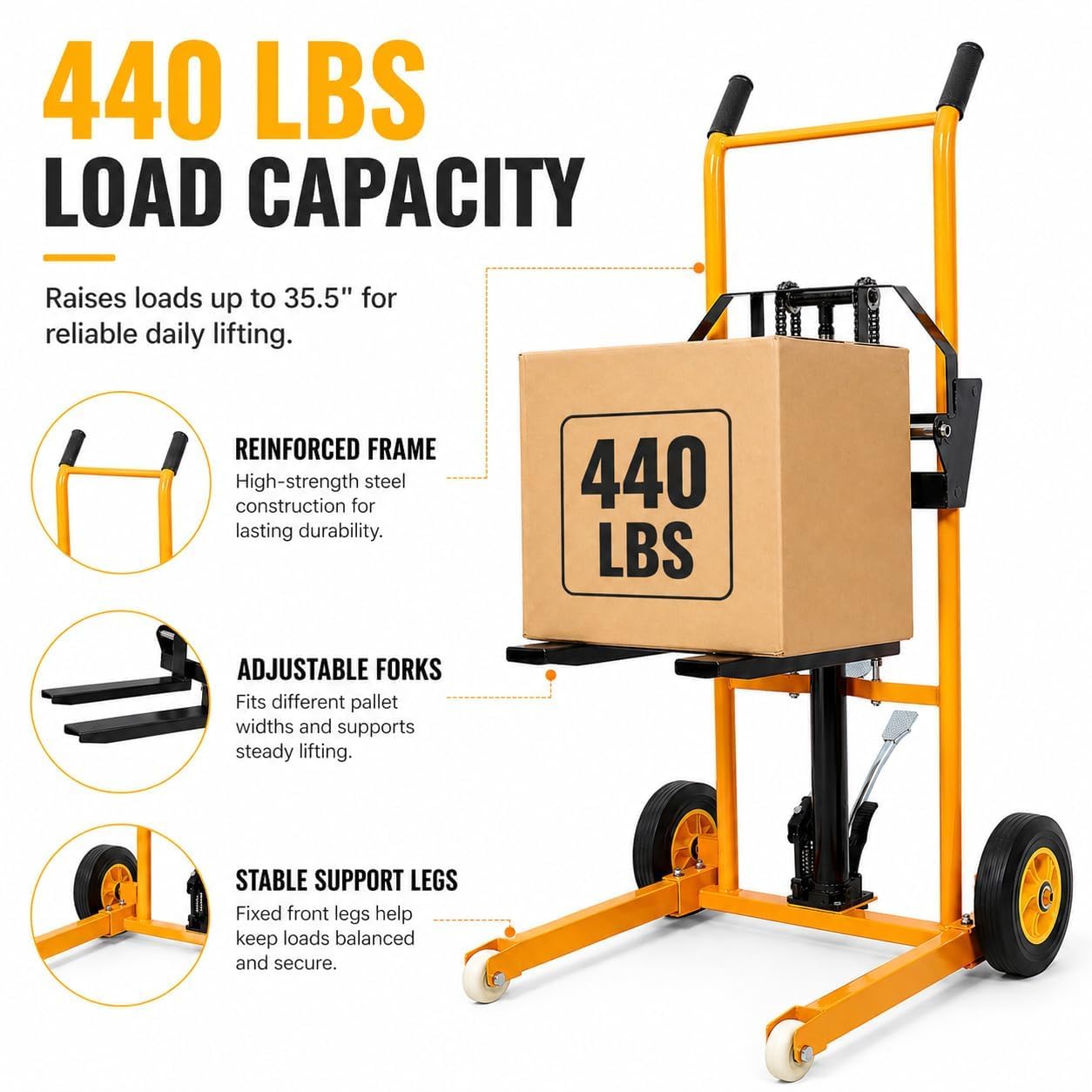 440lbs Material Lift Stacker, 35.5" Max Lift Hydraulic Fork Lift with Adjustable Forks, Manual Pallet Stacker Lift Dolly with Fixed Legs, Manual Forklift for Supermarket, Warehouse and Household