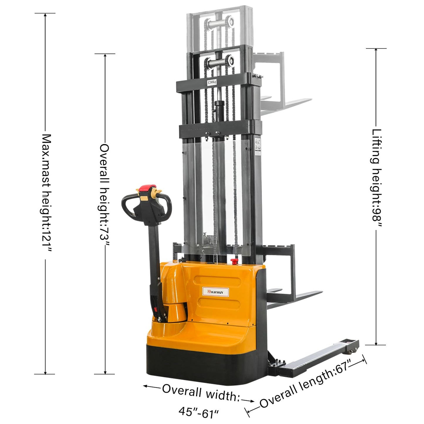 KAIXUN Full Powered Electric Walkie Stacker with Adjustable Straddle Legs – Material Handling Lift Truck 3300lbs Capacity 98'' Lifting Heights