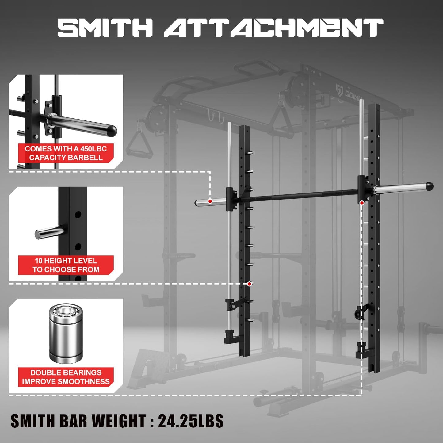 Goimu S1-V4 Smith Machine, 2000LBS Power Cage with Cable Crossover System, All-in-One Squat Rack with Smith Bar, Strength Training Equipment for Hone Gym (Black Smith Machine wiht 340lb Weights)