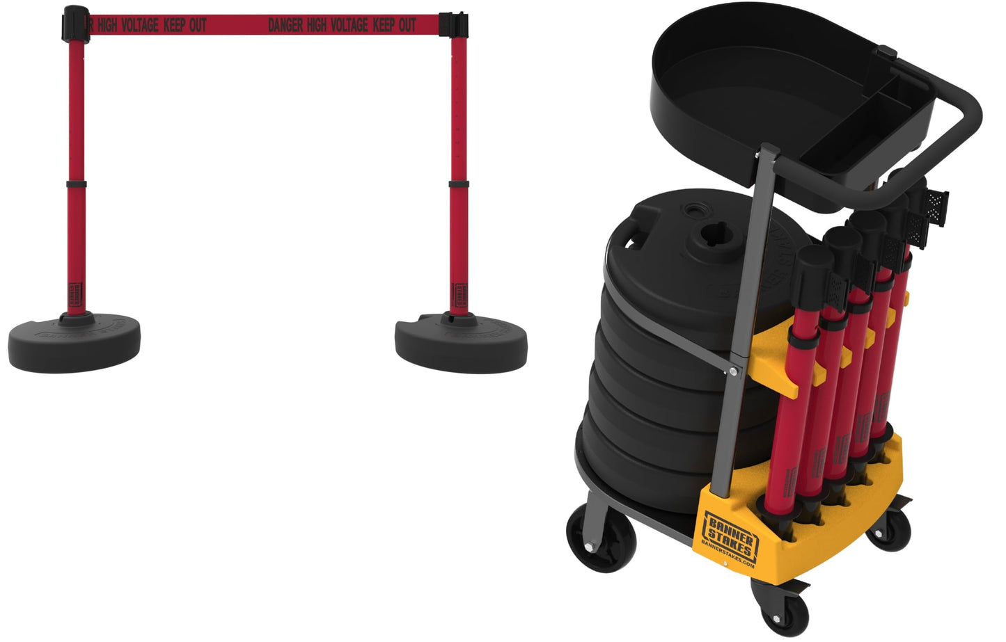 Banner Stakes Crowd Control Plus Cart Package & Accessory Tray, 75' Total Retractable Belt Barrier System - 5 Telescoping Stanchions w/ 15' Red "Danger High Voltage Keep Out" Banners (PL4013T)