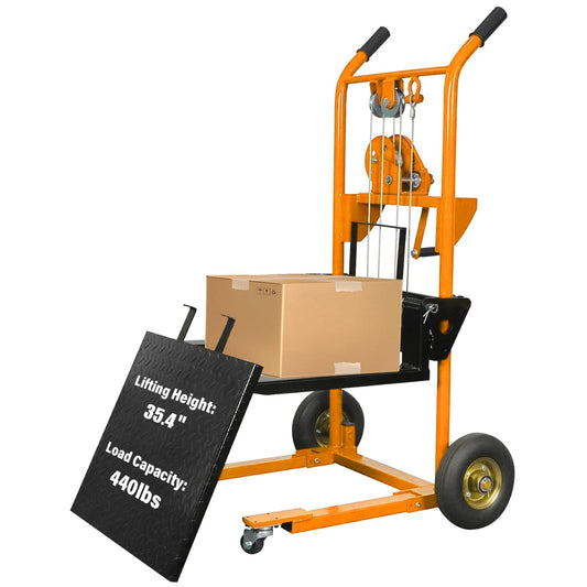 Tory Carrier Material Lift Winch Stacker, 440 lbs Capacity Pallet Stacker, 35.4" Lifting Height, Pallet Truck Dolly, Swivel Casters Lift Table Cart, Forklift with Steel Platform(Yellow)