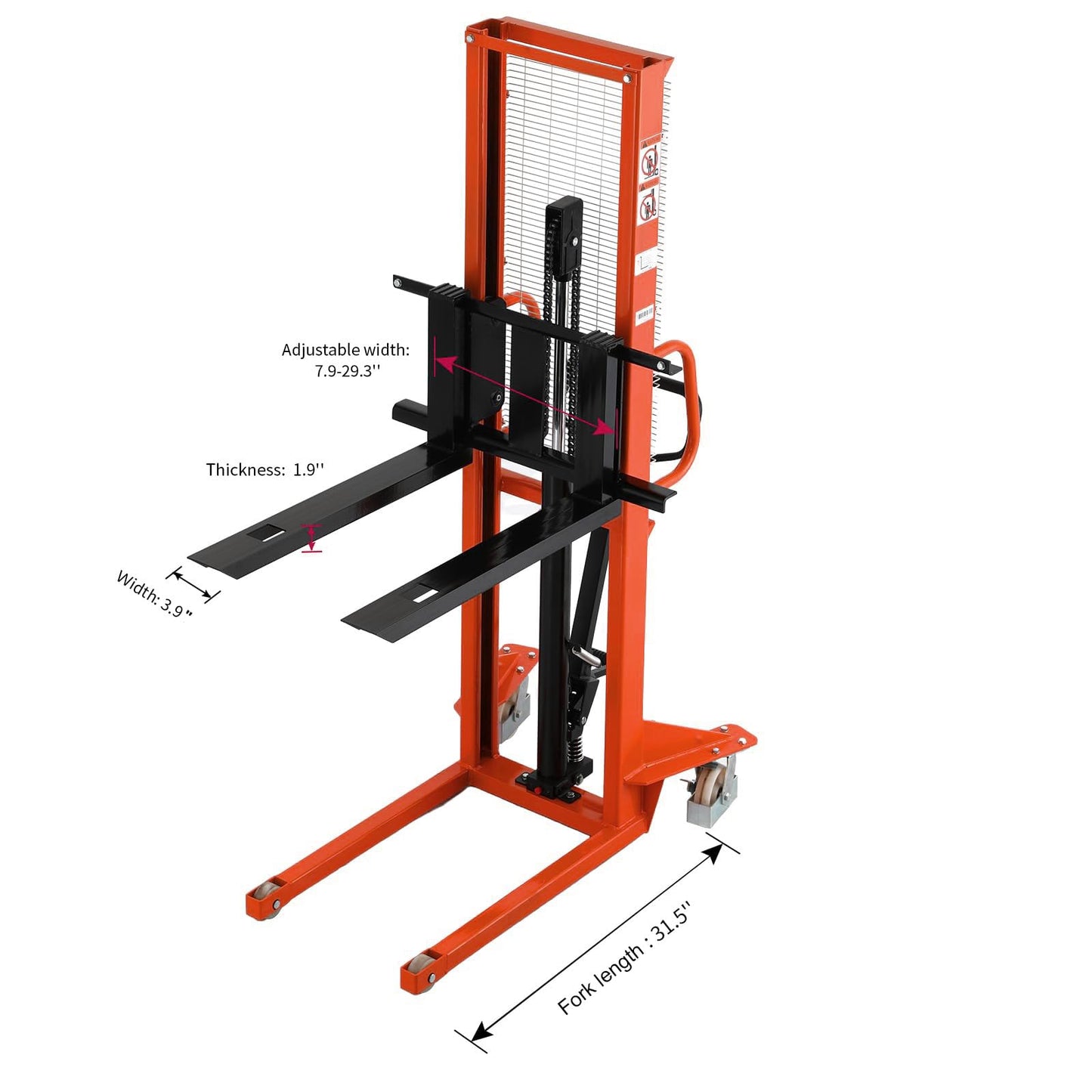 Tory Carrier Material Lift, Manual Pallet Stacker 63” Lifting Height, 1100lbs Capacity with Adjustable Forks Hydraulic Forklift Suitable for Open Bottom Pallets