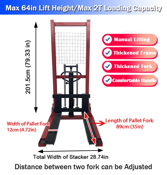 EQCOTWEA Manual Hydraulic Pallet Stacker 4400 LBS Capacity Pallet Truck 65" Lift Height Adjustable Forks Hand Hydraulic Stacker Fit to Pallets for Warehouse Lifting, Hoisting & Material Handling