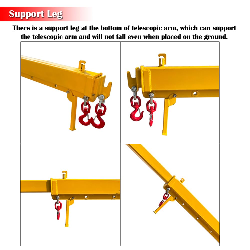 EQCOTWEA 2-Ton Forklift Jib Boom Crane Attachment, Extendable Jib Crane, 0-75° Adjustable Tilt, 7-12ft Telescopic Boom Arm, 2 Hooks, for Lifting & Material Handling – Compatible with Forklifts