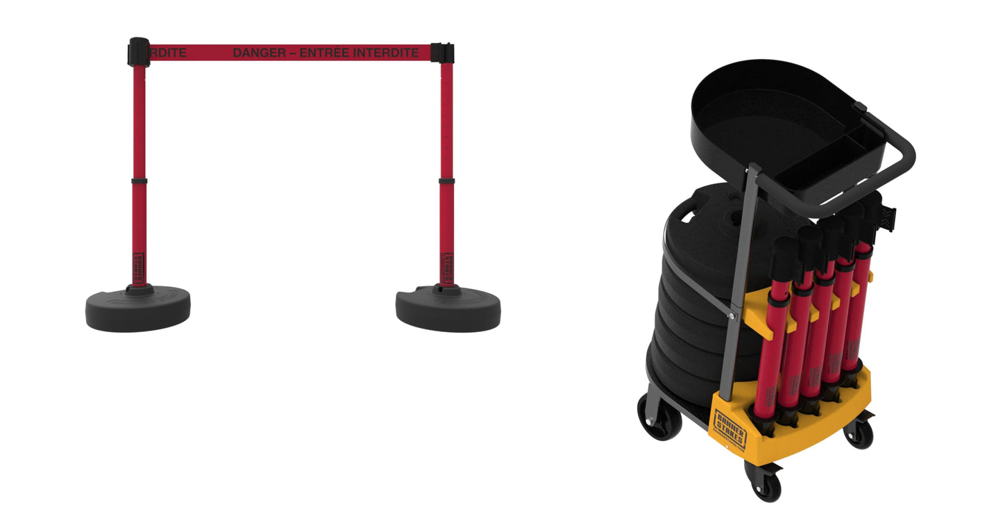 Banner Stakes Crowd Control Plus Cart Package & Accessory Tray, 75' Total Retractable Belt Barrier System - 5 Telescoping Stanchions w/ 15' Red "Danger - Entrée Interdite" Banners (PL4145T)