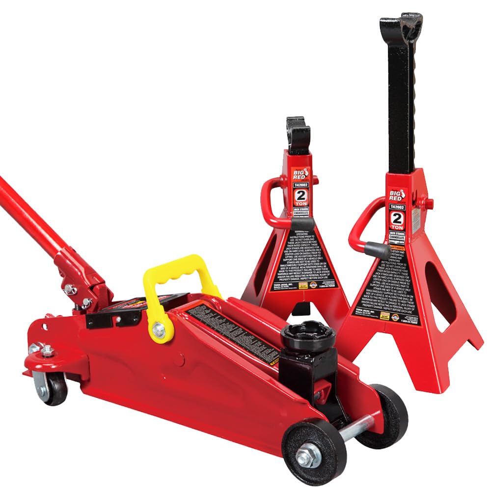 Big RED Torin Low Profile Floor Jack: Hydraulic Trolley Floor Jack Combo with 2 Jack Stands, 2 Ton (4000 lb.) Capacity
