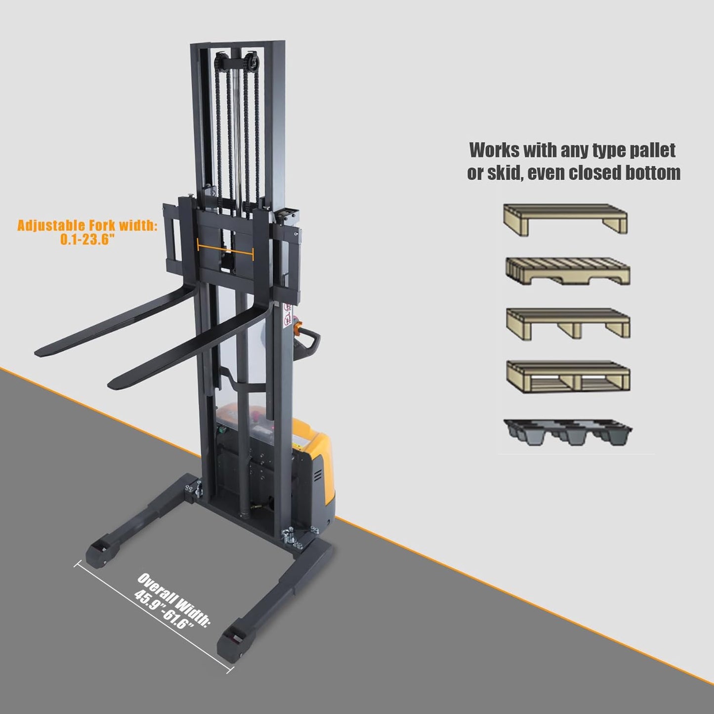 Apollo Full Electric Pallet Stacker, Material Lifts 3300 lbs Capacity, 130" Lifting Height, Gel Battery Powered Forklift with Straddle Legs and Adjustable Forks