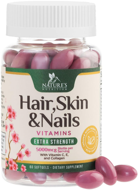 Hair, Skin & Nails Vitamins - Biotin 5000mcg Per Serving - Extra Strength Hair Growth Support For Women with Collagen, Argan Oil - Beautiful Skin, Hair & Nails Supplement - USA Bottled - 60 Softgels
