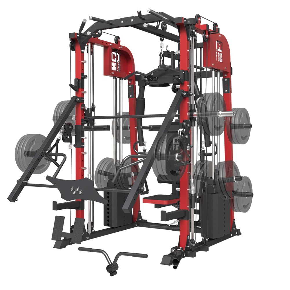 smithmachine with smithbar, Home Gym Station with Dual Weight Stacks, 4000LBS Power Cage Squat Rack with Lever Arm, Leg Press, LAT Pull Down, Cable Crossover Machine for Full Body Training, Red